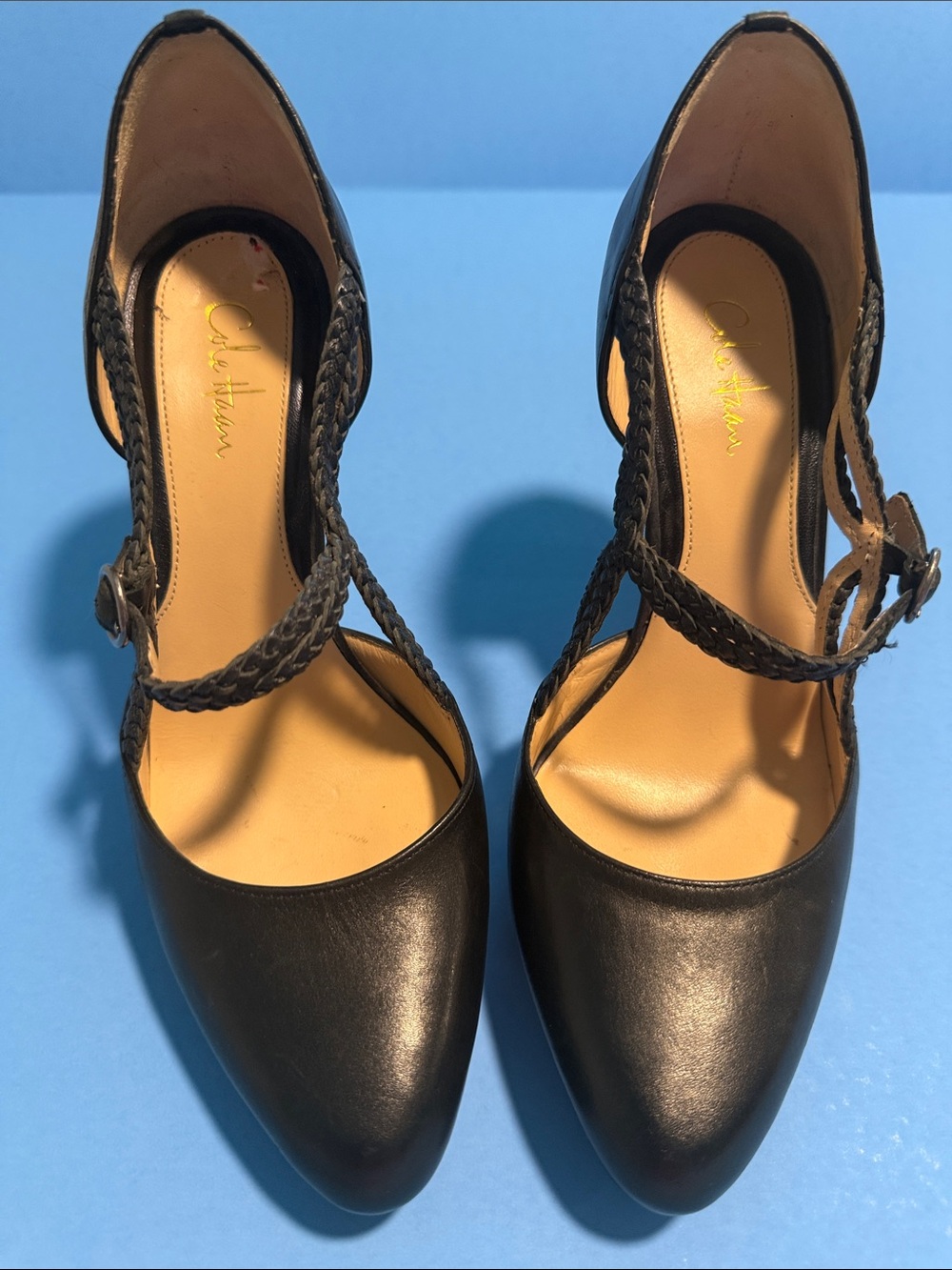 Cole Haan Black Braided-Strap Pointed-Toe Pumps with Ankle Buckle